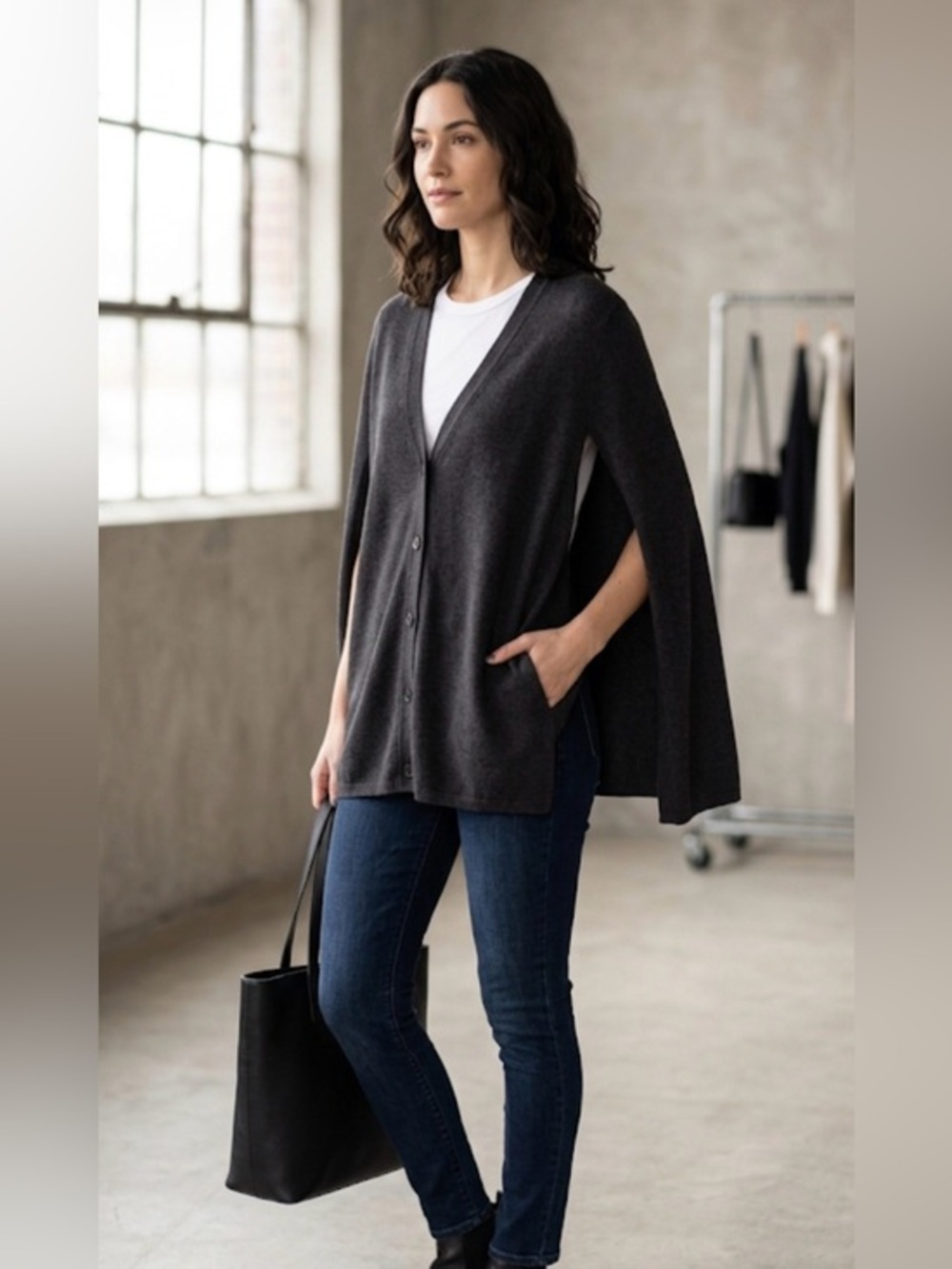 Chico’s Size 2 Large Black Cotton Knit Cape Cardigan Sweater Top L 12/14